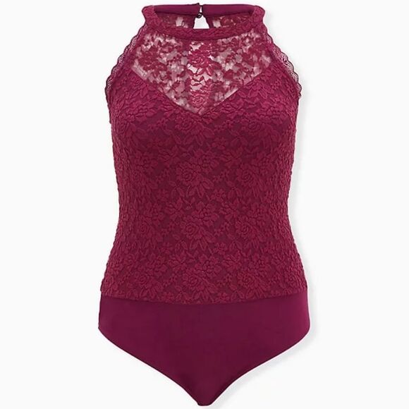 torrid Tops - Torrid Coquette Romantic Goth 0x Berry Lacy High Neck Bodysuit Lingerie Insipred
